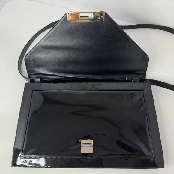 Vintage Lou Taylor Black Patent Leather Clutch w/ Swivel Mirror & Strap Shoulder Bags